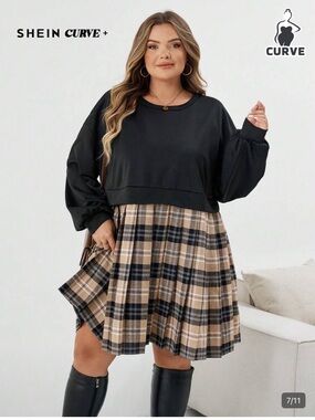 SHEIN One Piece Sweatshirt Dress Beige Plaid Bottom